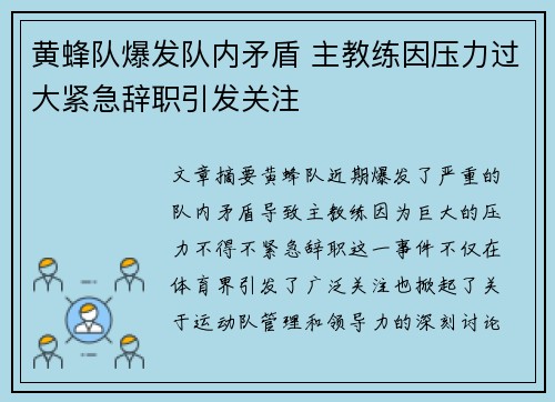 黄蜂队爆发队内矛盾 主教练因压力过大紧急辞职引发关注