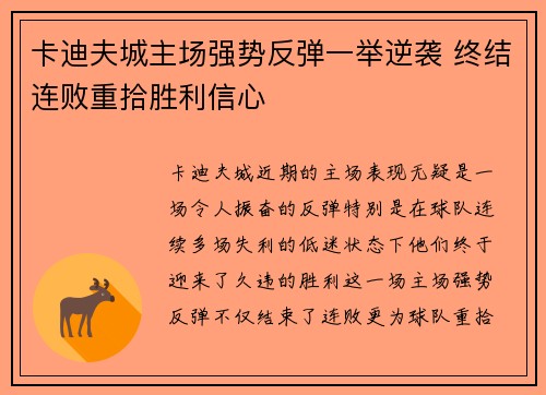 卡迪夫城主场强势反弹一举逆袭 终结连败重拾胜利信心