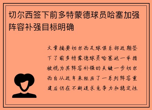 切尔西签下前多特蒙德球员哈塞加强阵容补强目标明确