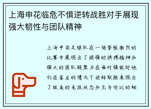 上海申花临危不惧逆转战胜对手展现强大韧性与团队精神