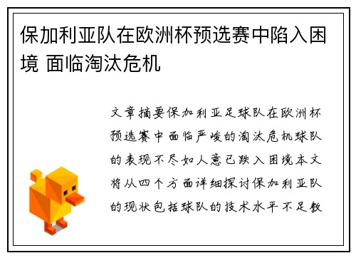 保加利亚队在欧洲杯预选赛中陷入困境 面临淘汰危机