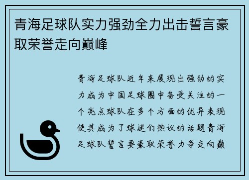 青海足球队实力强劲全力出击誓言豪取荣誉走向巅峰